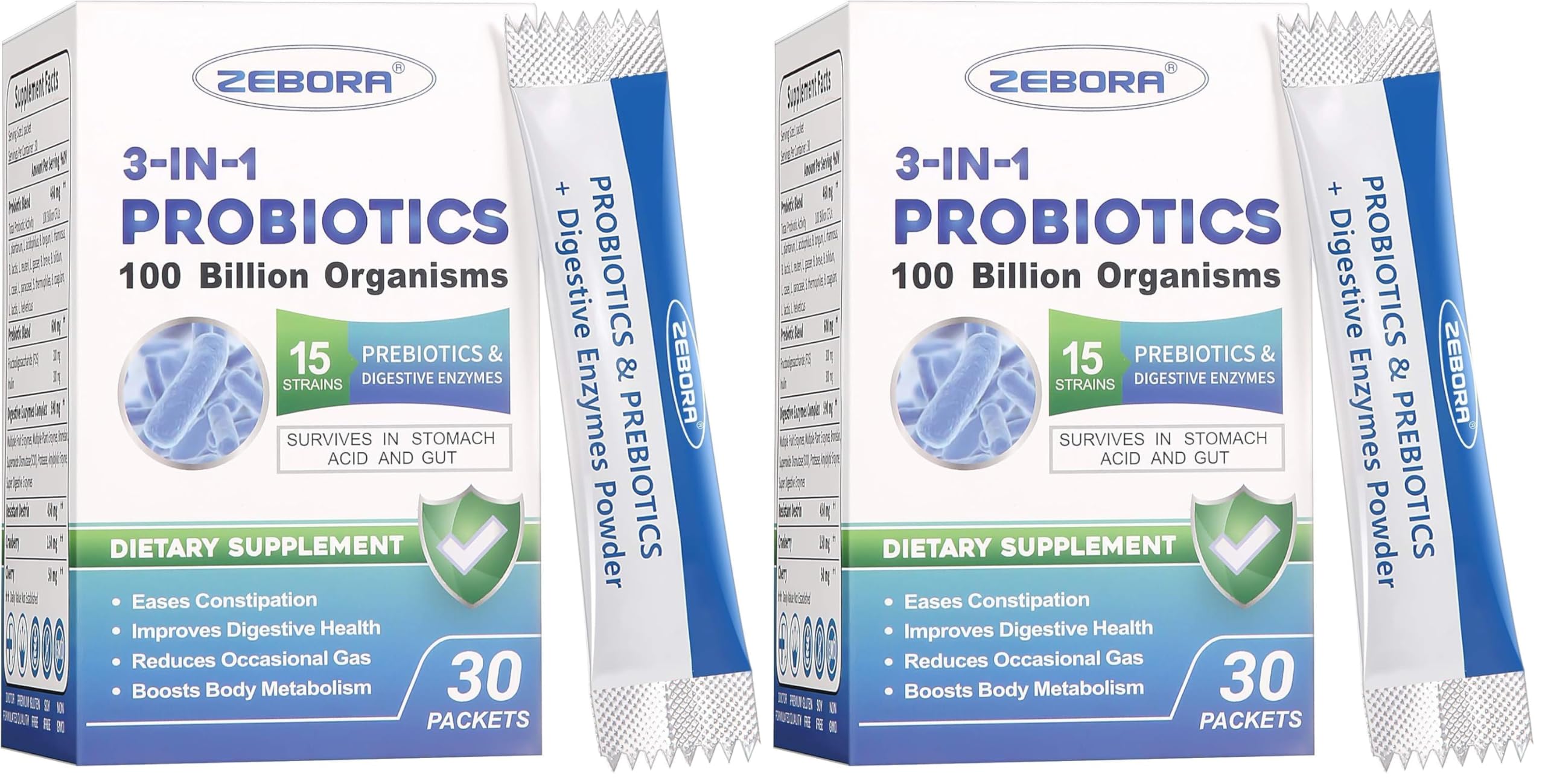 ZEBORA Probiotics bottle front with 100 billion CFU and 3-in-1 potency for daily balance.