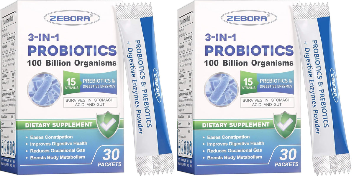 ZEBORA Probiotics bottle front with 100 billion CFU and 3-in-1 potency for daily balance.