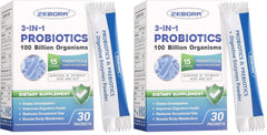 ZEBORA Probiotics bottle front with 100 billion CFU and 3-in-1 potency for daily balance.