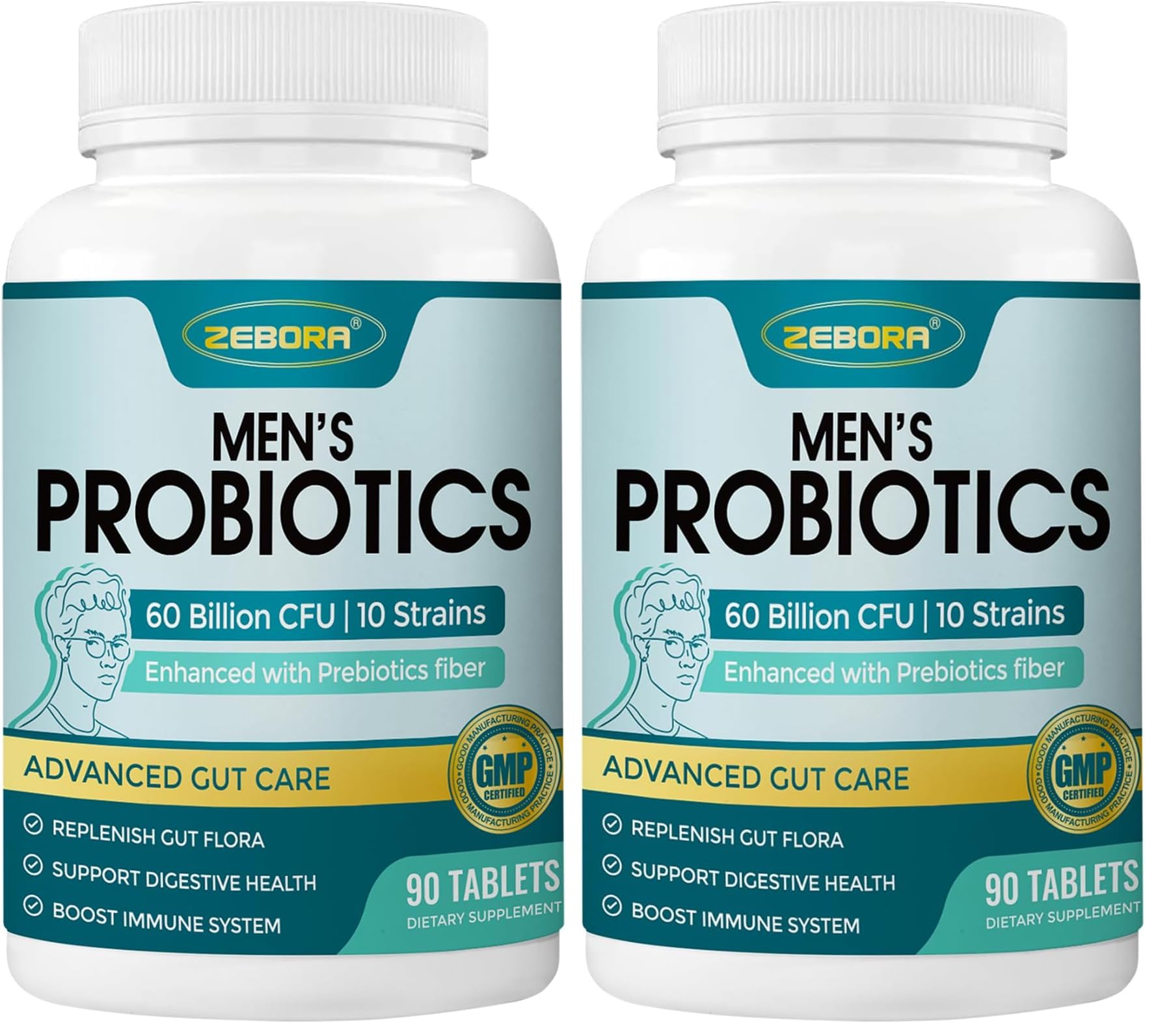 ZEBORA Probiotics bottle showing 60 billion CFUs for gut health