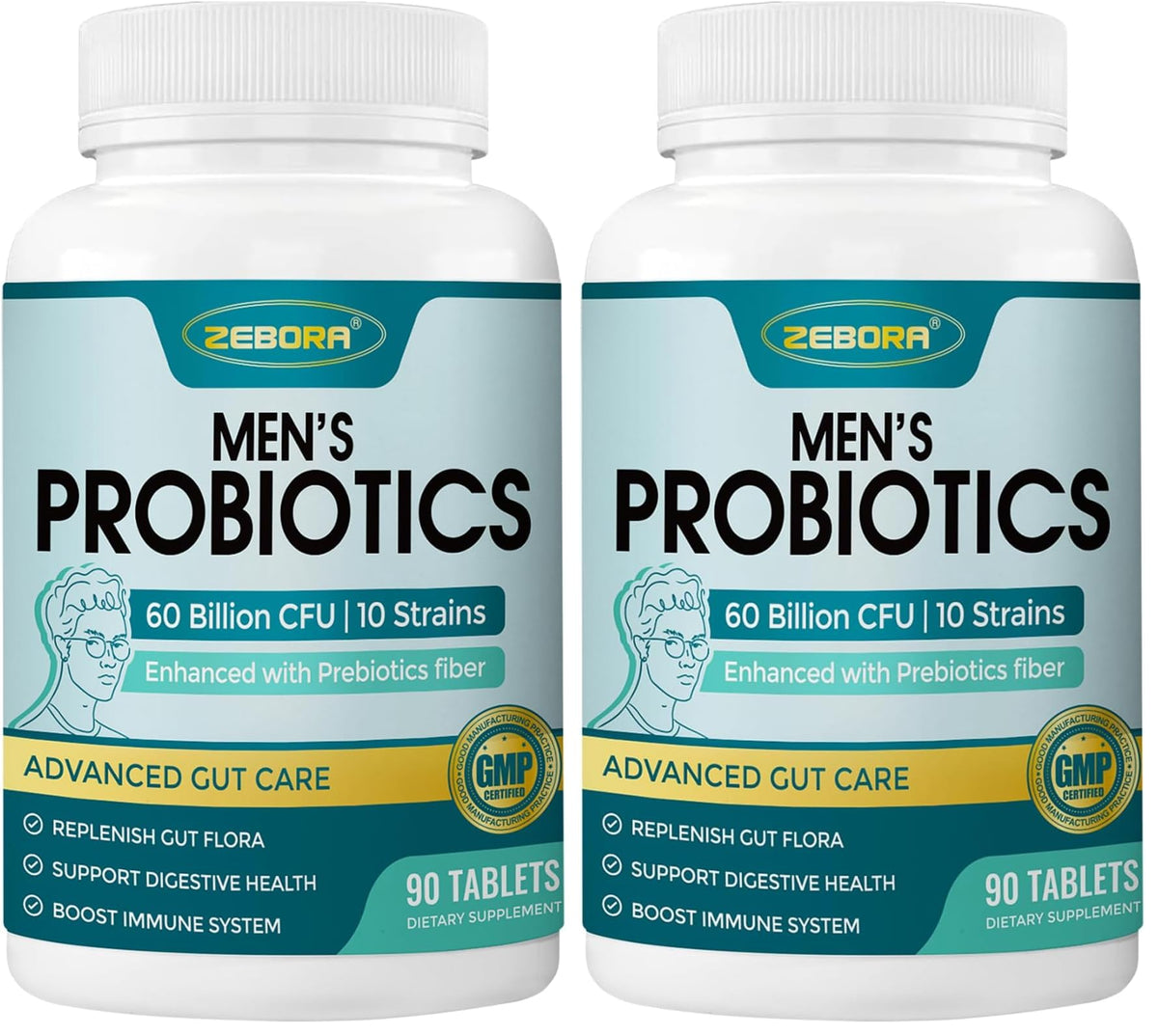 ZEBORA Probiotics bottle showing 60 billion CFUs for gut health