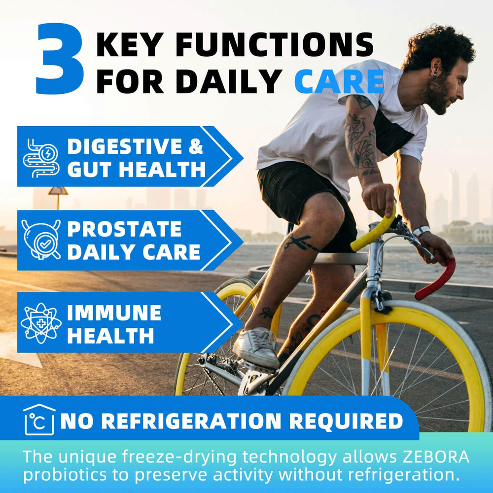 Close-up of ZEBORA Probiotics for Men capsules for balanced gut health