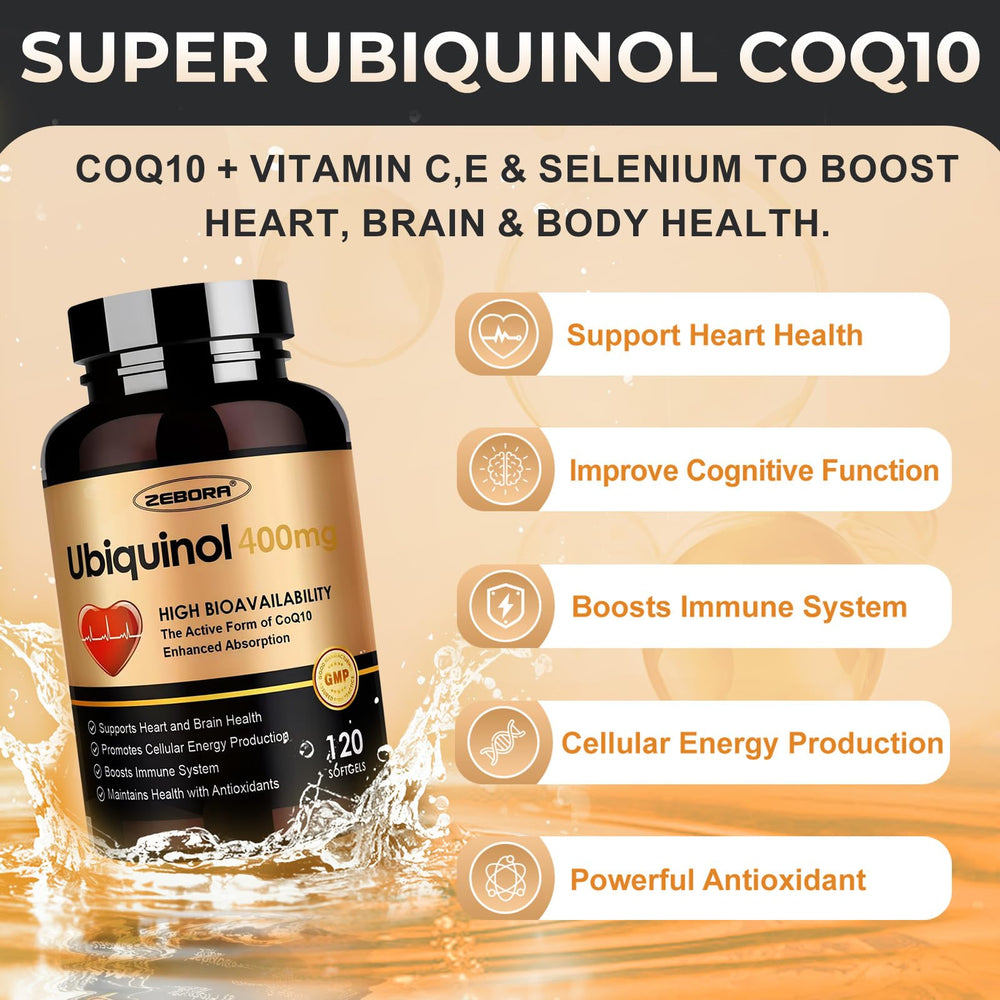 ZEBORA ubiquinol CoQ10 label closeup with GMP quality promise