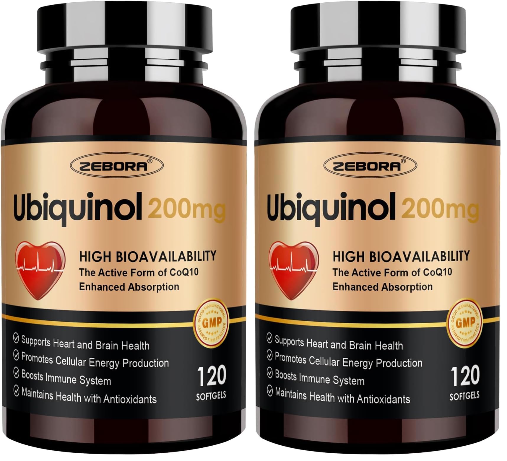 ZEBORA ubiquinol CoQ10 softgels front label for daily heart support.