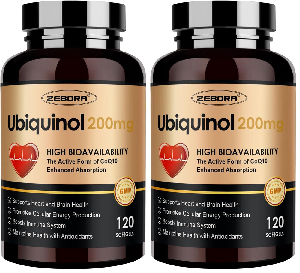 ZEBORA ubiquinol CoQ10 softgels front label for daily heart support.