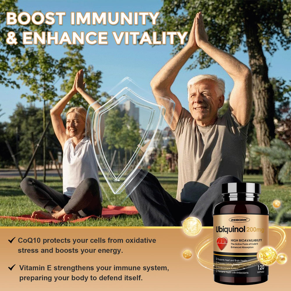 ZEBORA ubiquinol packaging emphasizing natural, gluten-free formula.