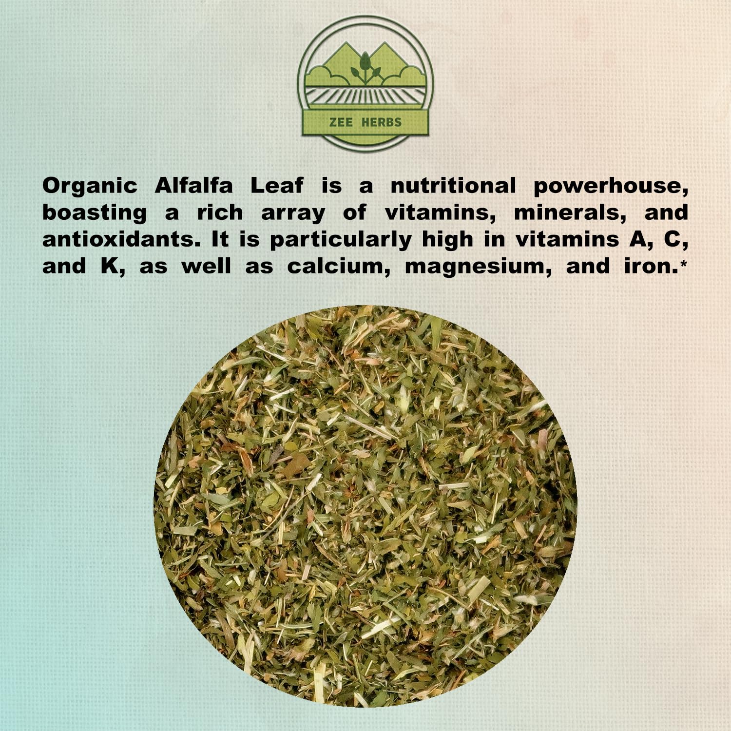 ZeeHERBS Alfalfa Leaf dried herb close-up showing texture and color.