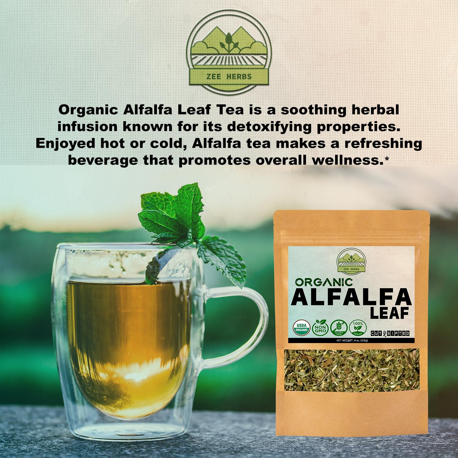 ZeeHERBS Alfalfa Leaf cut & sifted leaves in a spoon ready for brewing.