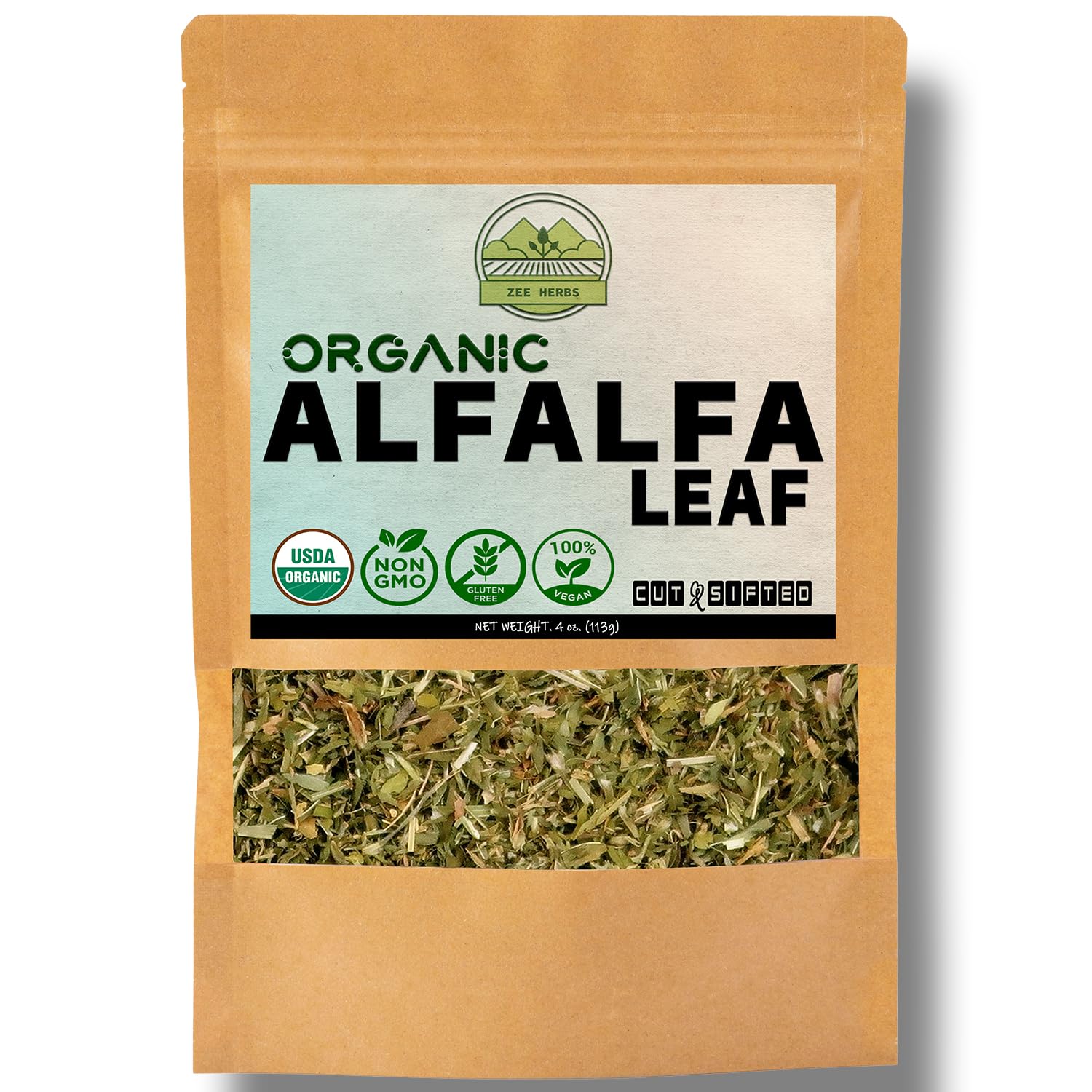 ZeeHERBS Organic Alfalfa Leaf packaging on a wooden table highlighting freshness.