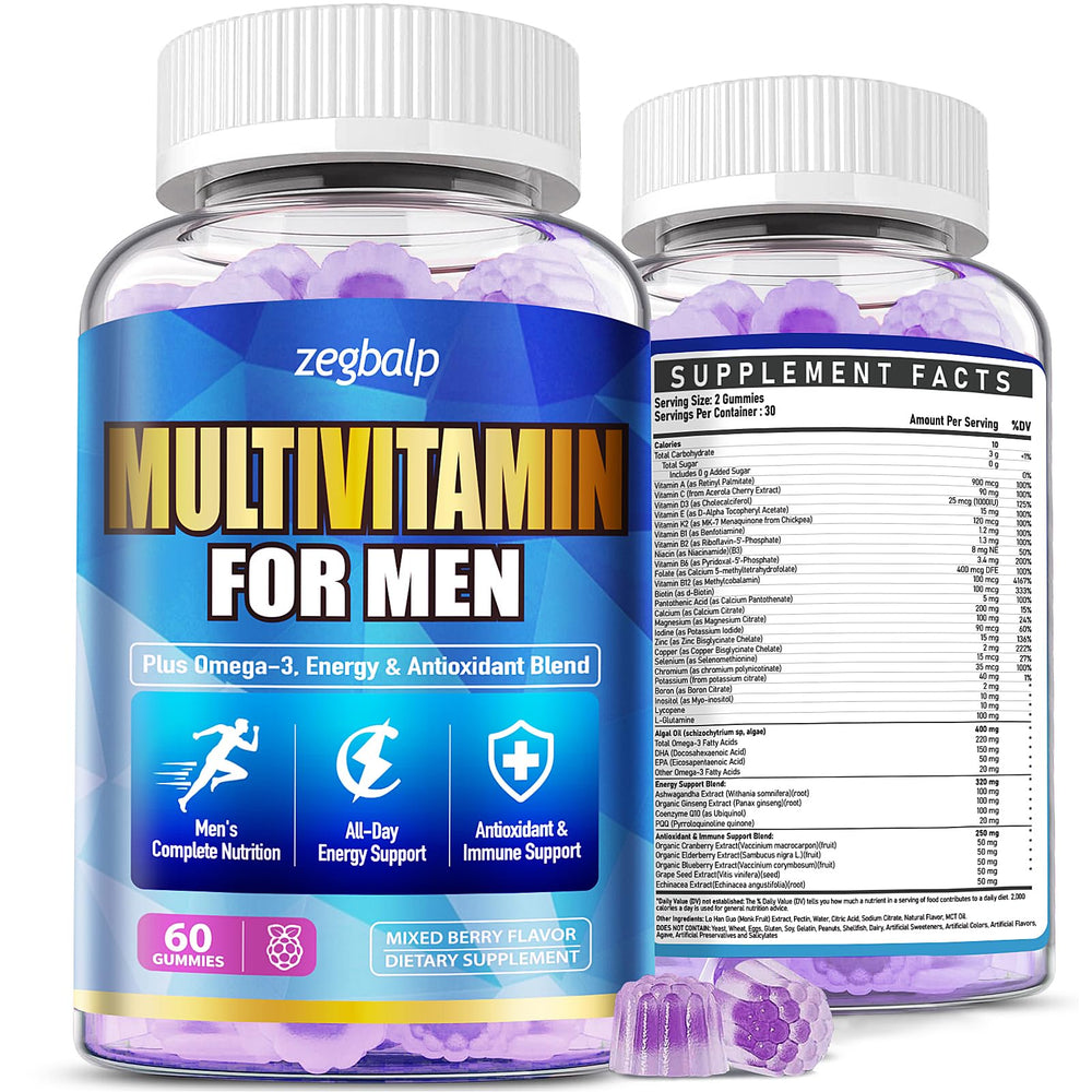 ZEGBALP men's multivitamins gummies bottle front for vegan sugar-free energy
