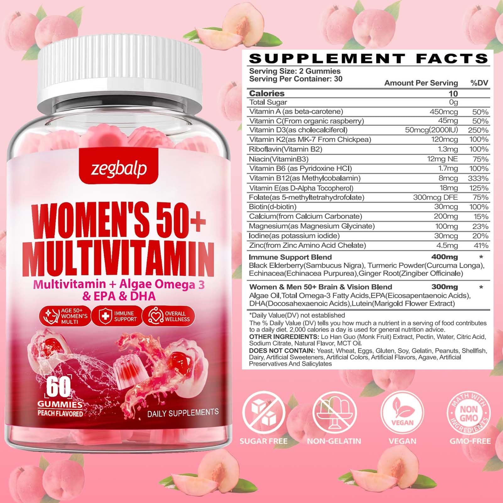 ZEGBALP gummies closeup shows peach flavor and easy chew for daily supplementation