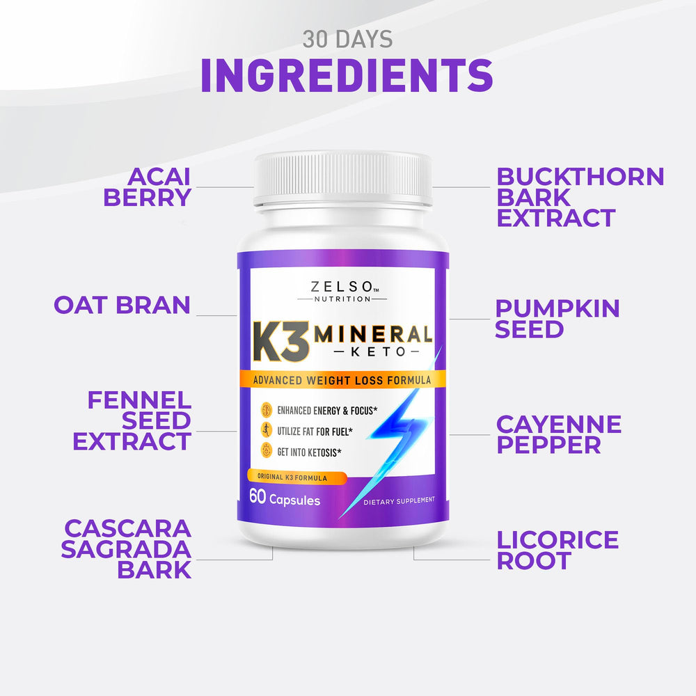 Close-up of ZELSO K3 Mineral capsules showing natural ingredients