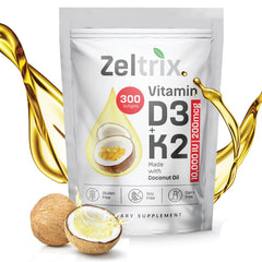 Zeltrix Vitamin D3 K2 softgels bottle with coconut oil for enhanced absorption.