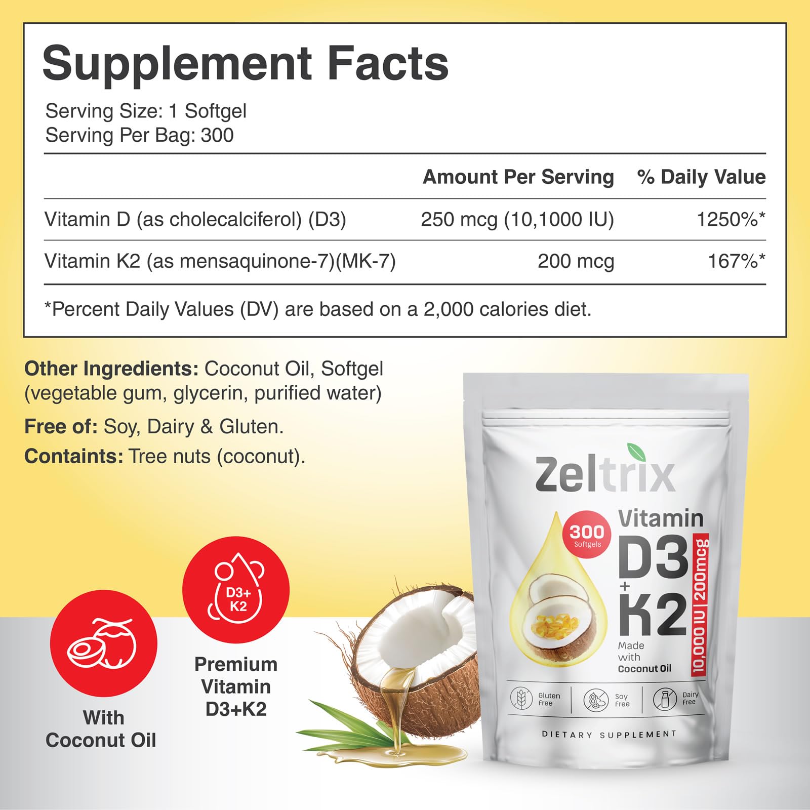 Close-up of Zeltrix D3 K2 softgels highlighting MK-7 content.