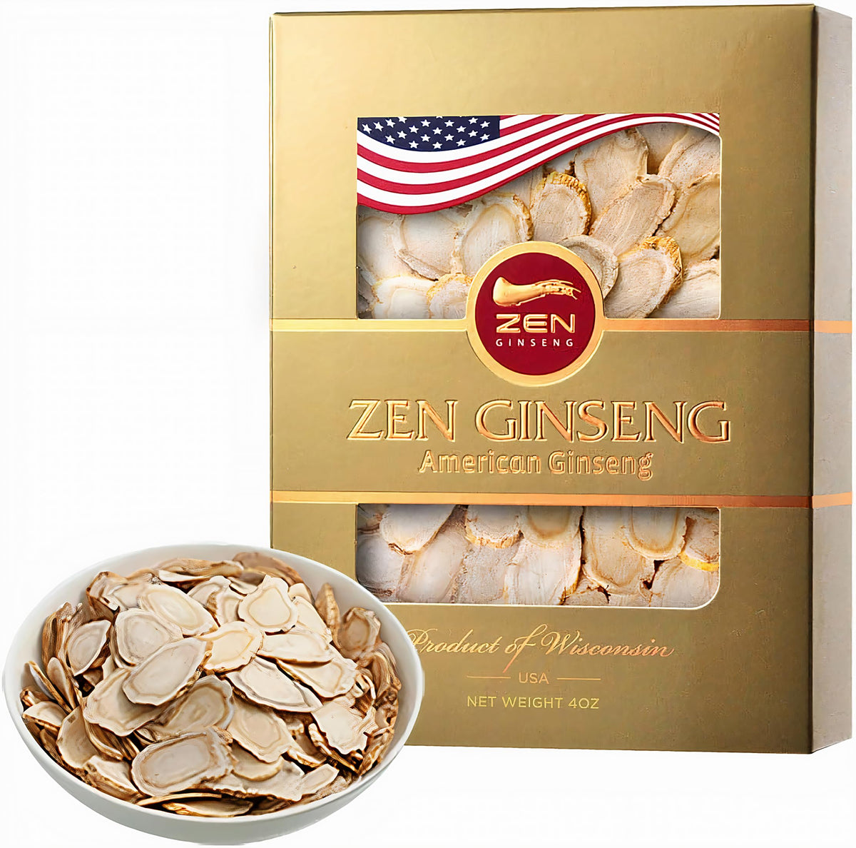 Zen Ginseng American Wisconsin slices in a 4oz box for daily energy