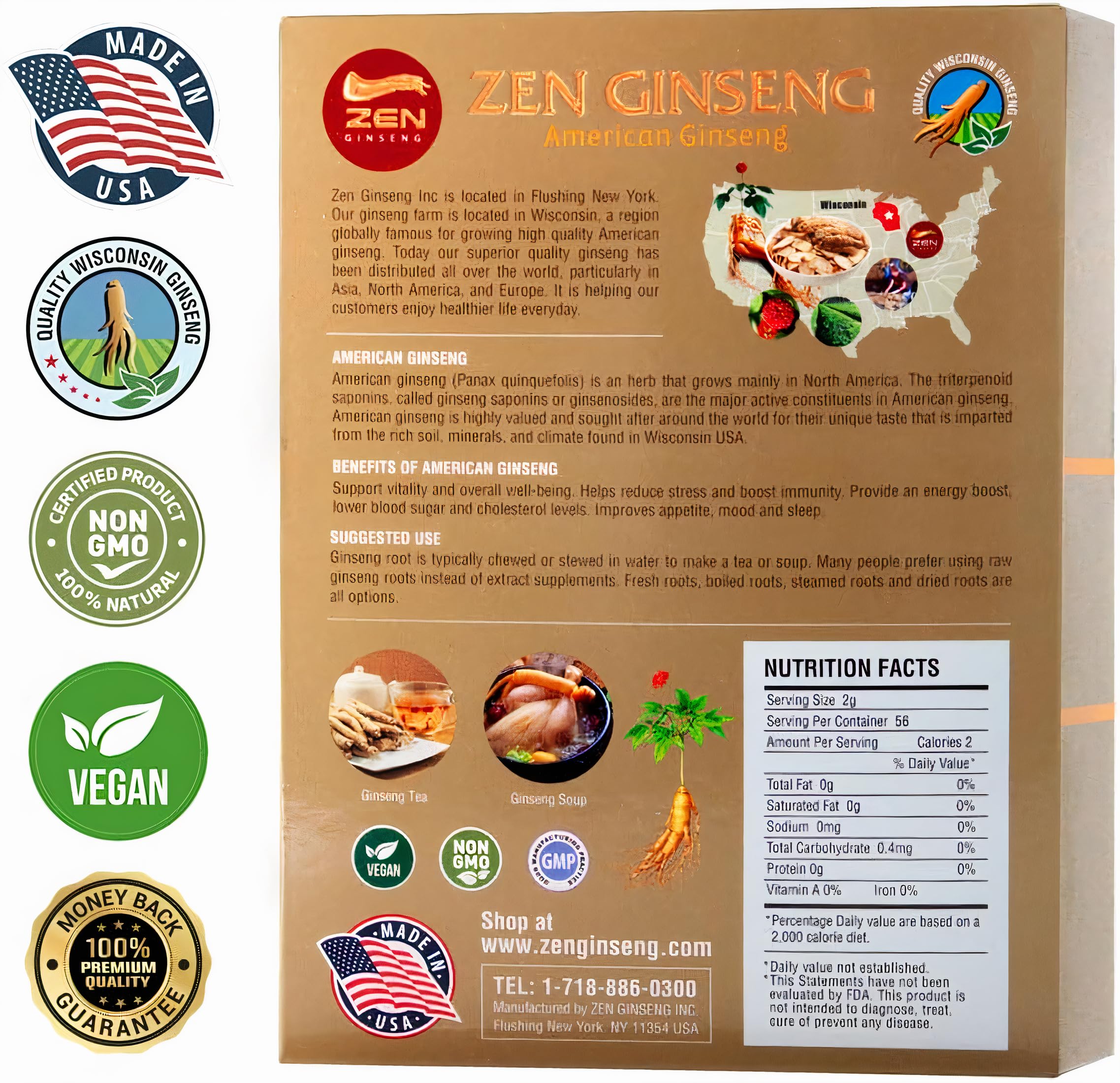 Zen Ginseng USA-made harvest image emphasizes origin for daily wellness.