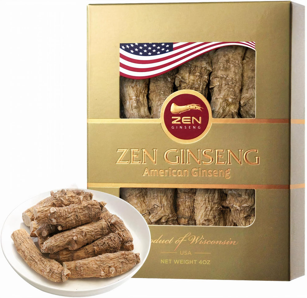 Zen Ginseng Wisconsin root front view, signaling natural energy support.