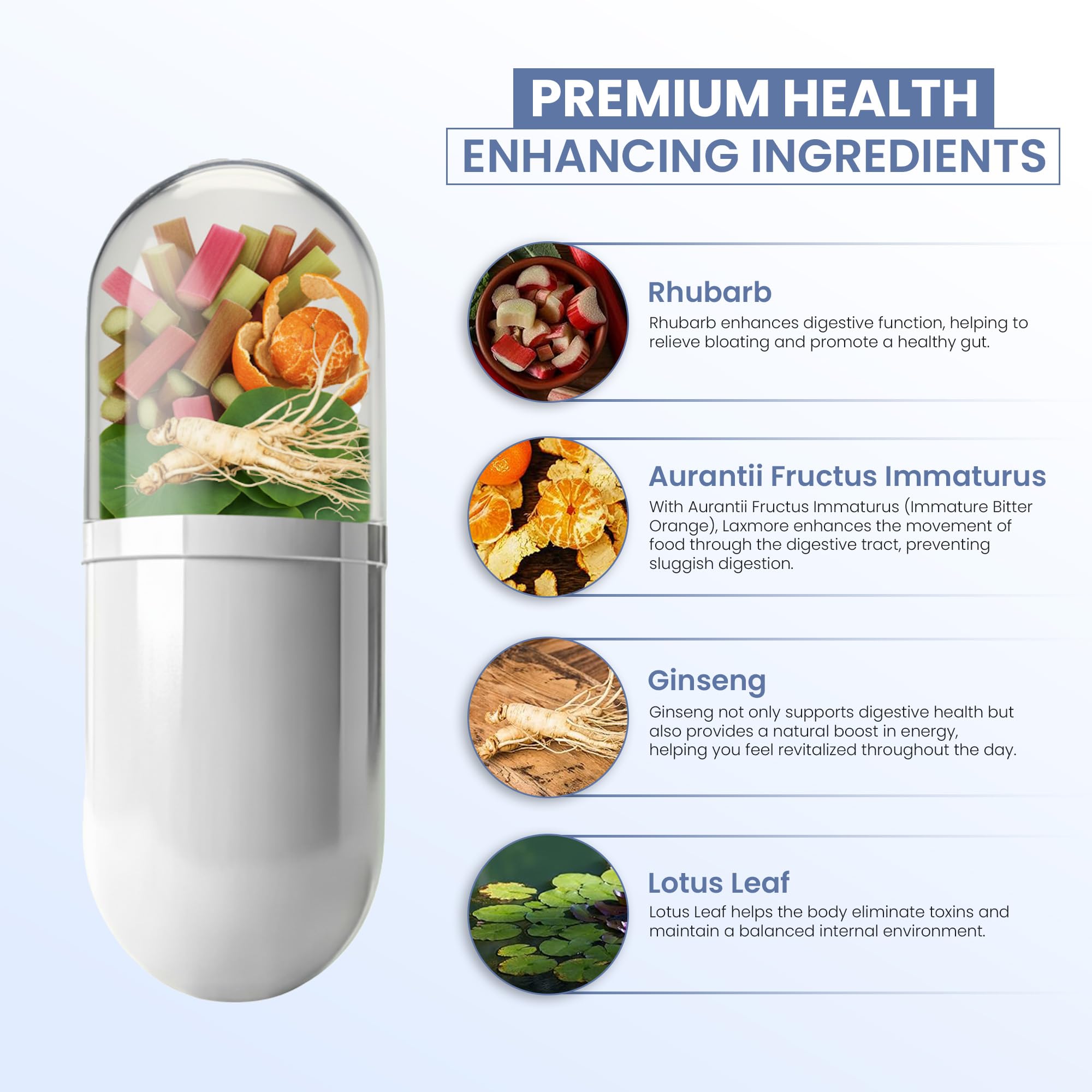 ZEN LIFE HERB LAXMORE bottle back label highlights ingredients like rhubarb and ginseng.