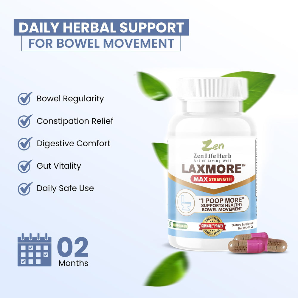 ZEN LIFE HERB LAXMORE capsules closeup emphasizes natural plant-based formula for gentle daily support.