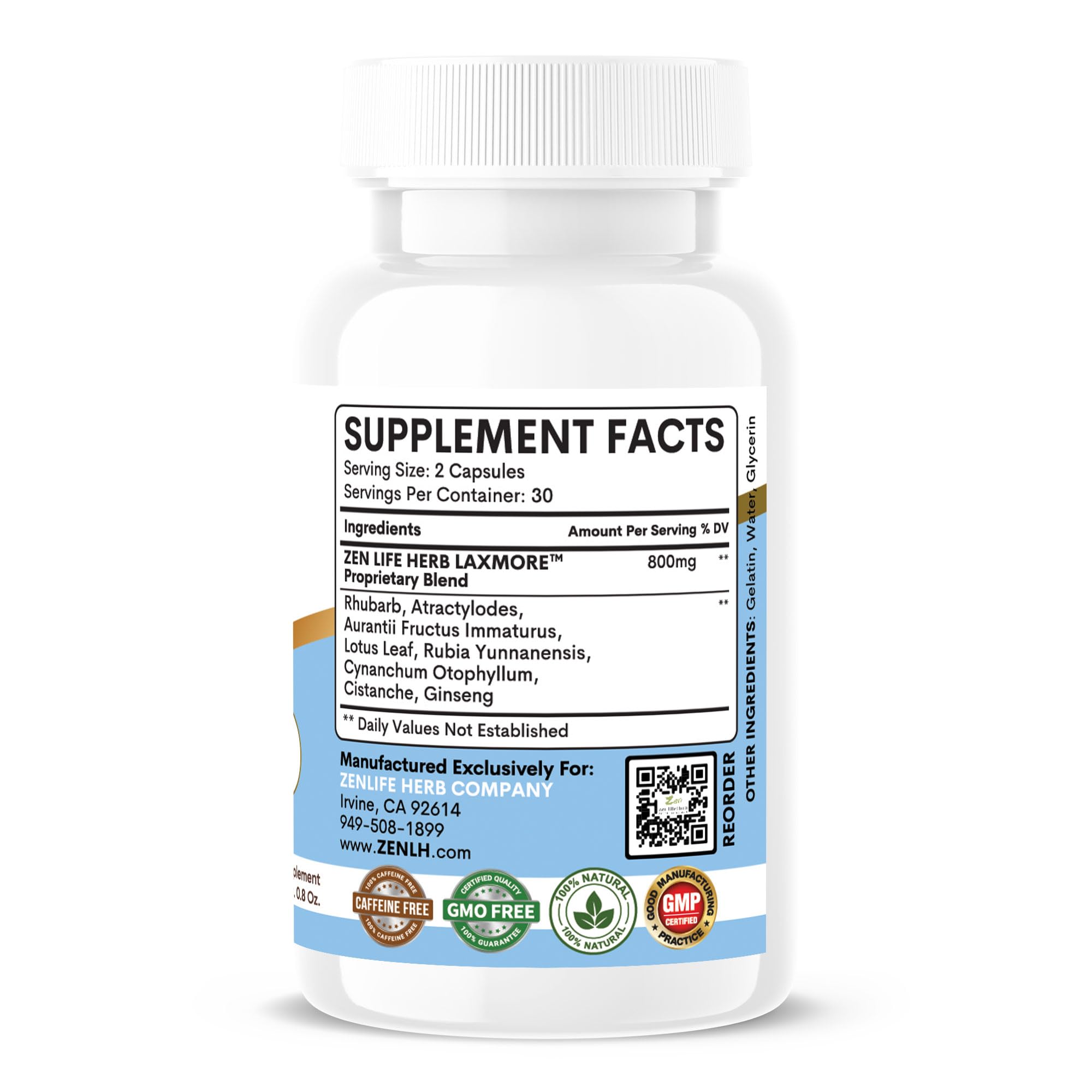 ZEN LIFE HERB LAXMORE bottle with serving size info for easy dosing.