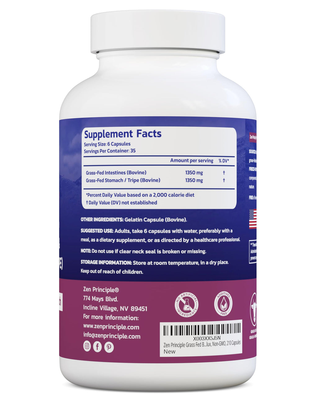 Zen Principle tripe supplement close-up bottle label signaling gut balance benefits