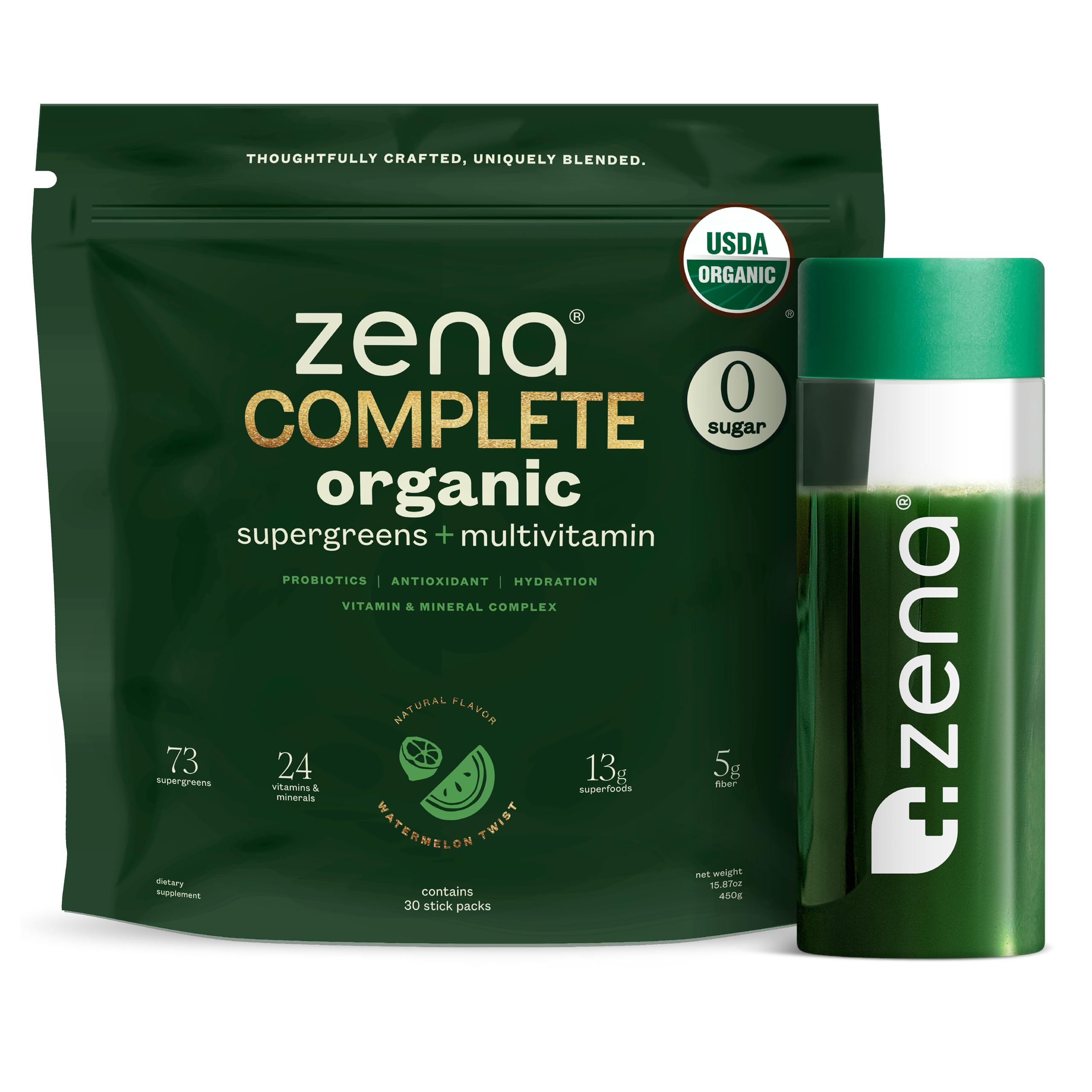 Zena Complete Greens powder in a tub highlighting 90+ greens for daily antioxidant support