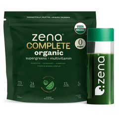 Zena Complete Greens powder in a tub highlighting 90+ greens for daily antioxidant support
