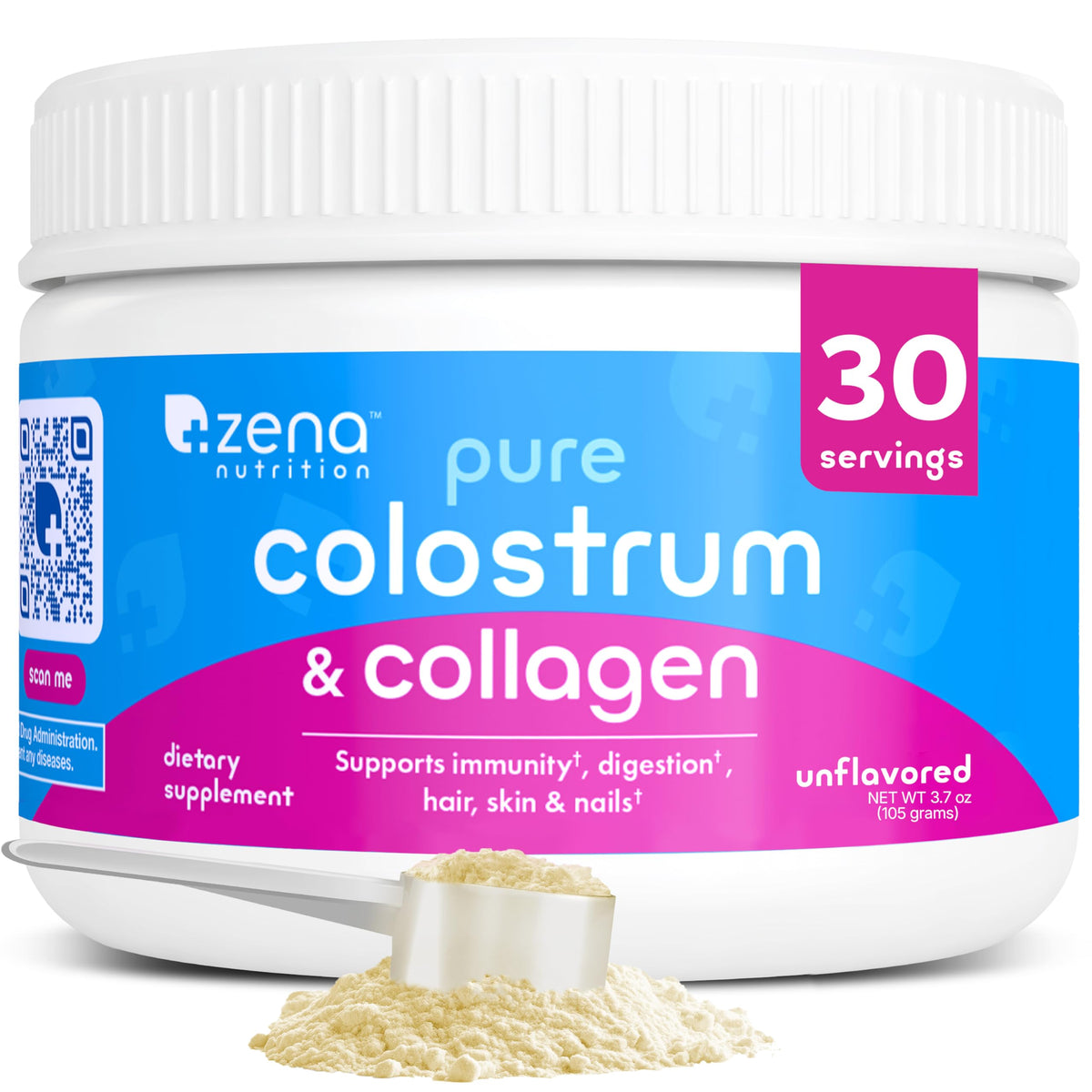 Zena Nutrition bovine colostrum collagen powder bottle highlighting purity and immune support