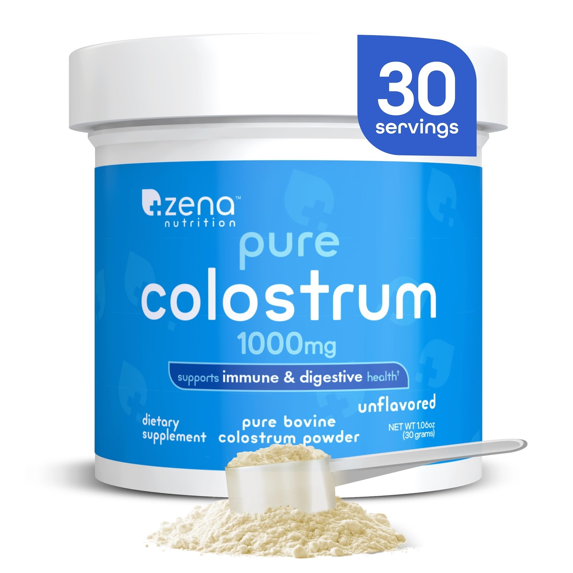 Zena Nutrition bovine colostrum powder jar shows pure, unflavored supplement ideal for easy mixing.