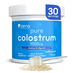 Zena Nutrition bovine colostrum powder jar shows pure, unflavored supplement ideal for easy mixing.