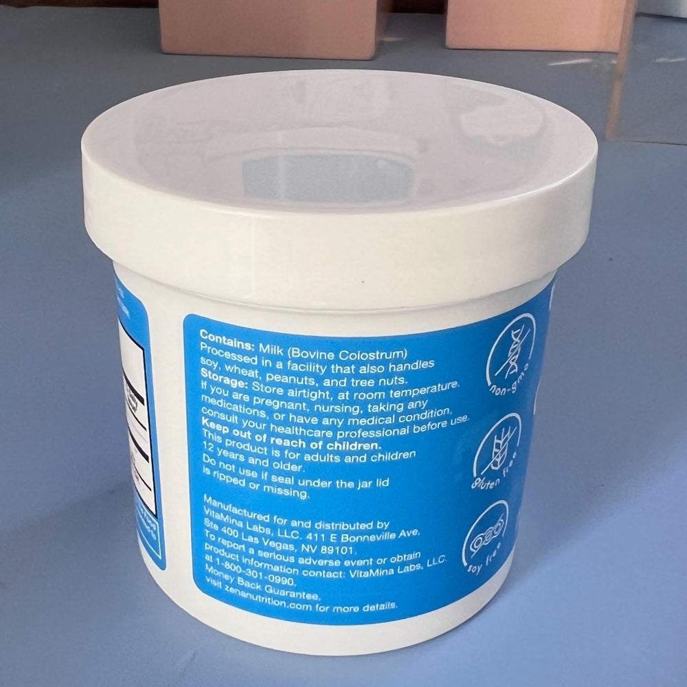 Zena Nutrition bovine colostrum powder with third-party test badge reinforces safety and transparency.