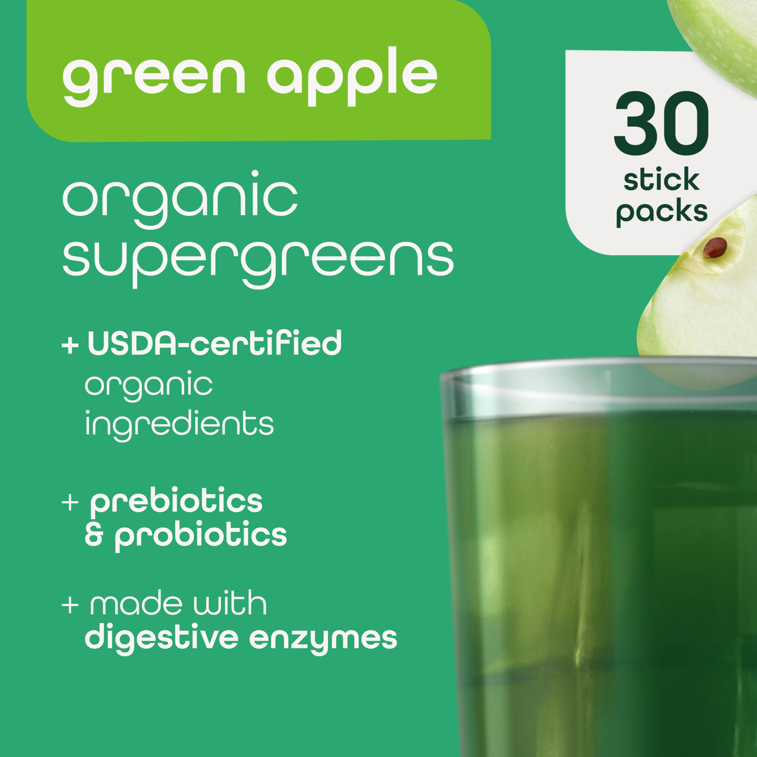 Zena Nutrition Green Apple flavor stick pack for convenient daily greens on the go.