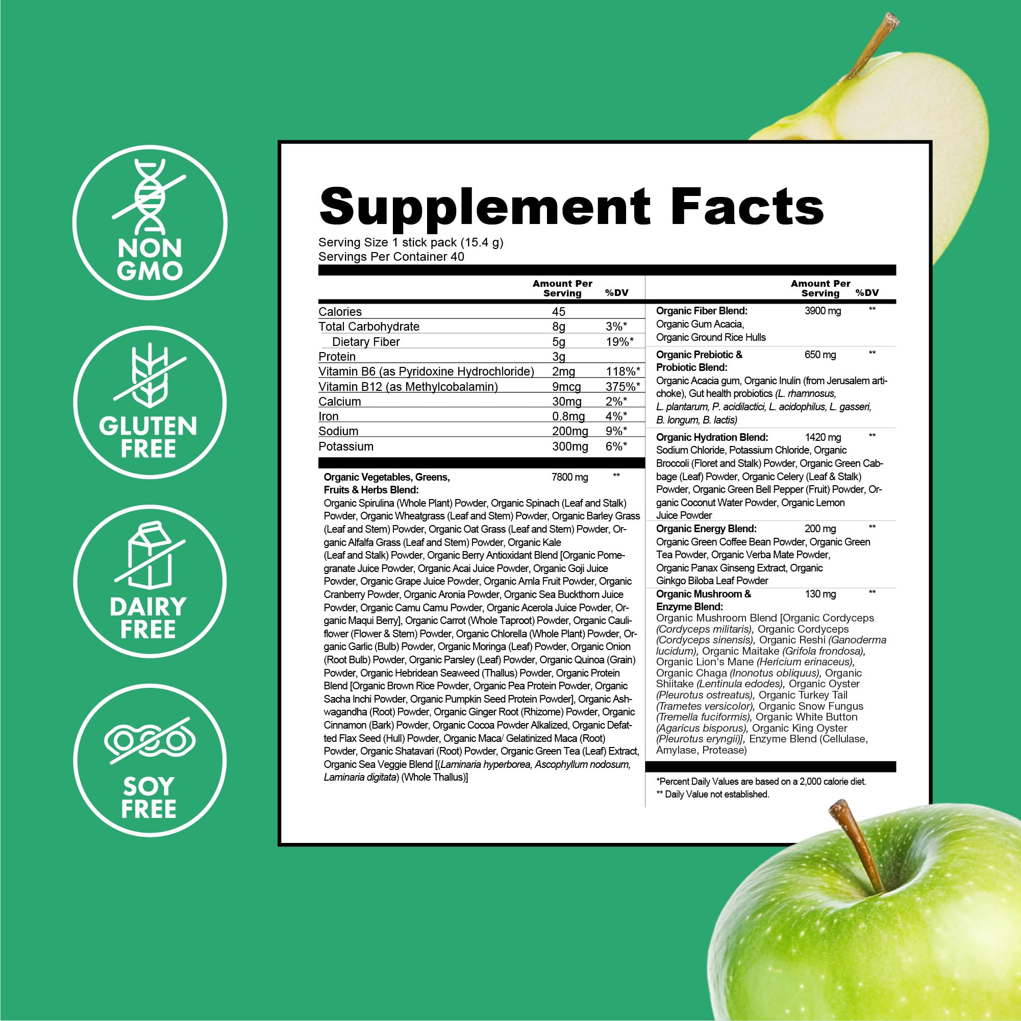 Green hydration blend with electrolytes and coconut water powders.