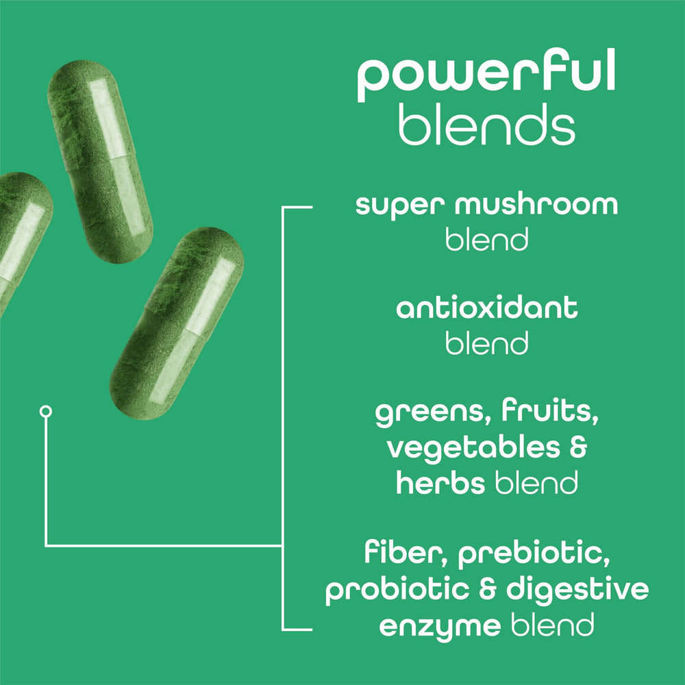 Zena Nutrition Organic Super Greens bottle beside glass of water for easy daily use