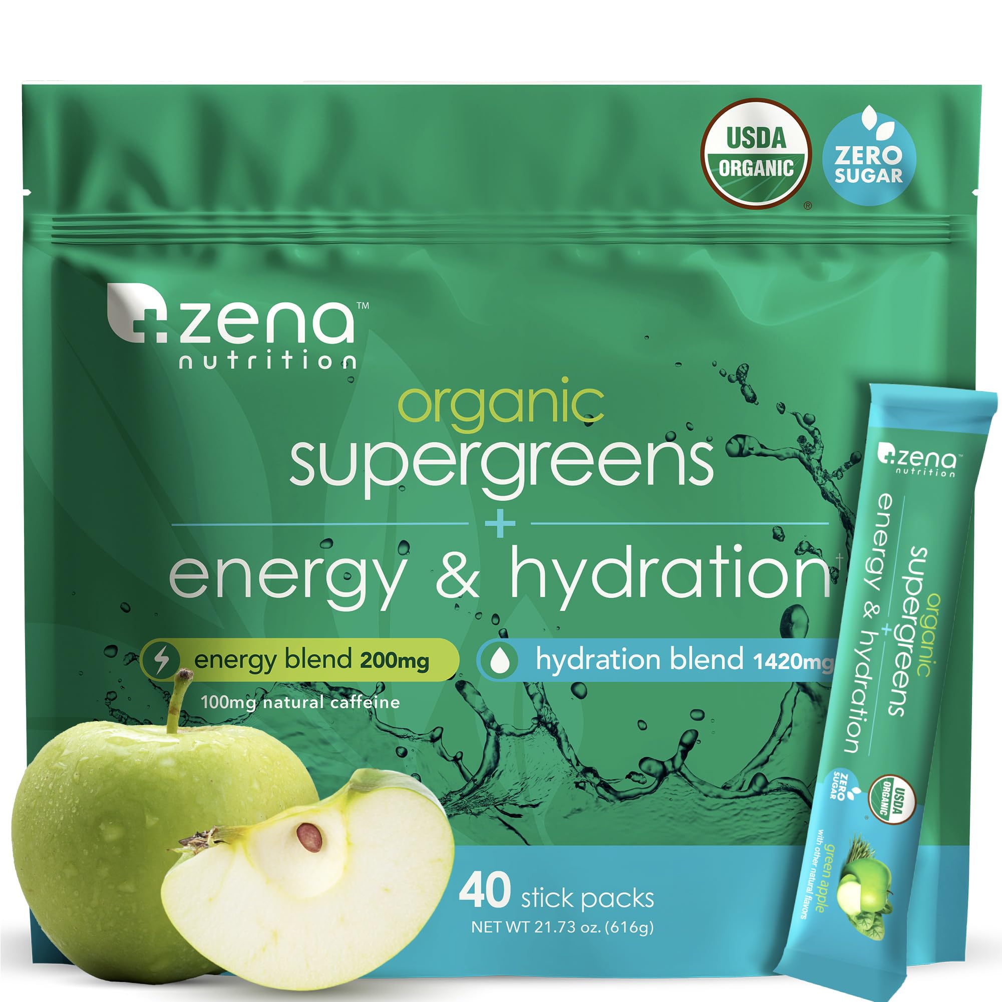 Zena Nutrition Organic Super Greens stick pack for on-the-go energy and hydration.