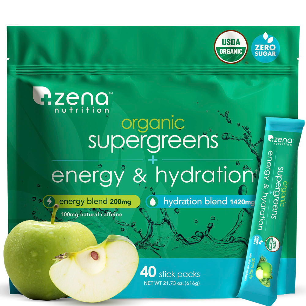 Zena Nutrition Organic Super Greens stick pack for on-the-go energy and hydration.