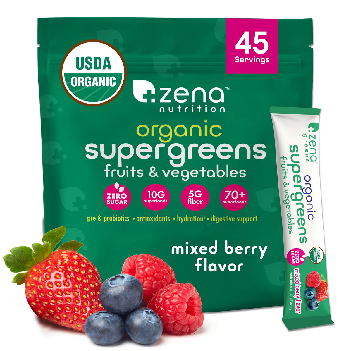 Zena Nutrition Organic Super Greens powder canister showing 70+ superfoods for daily wellness.