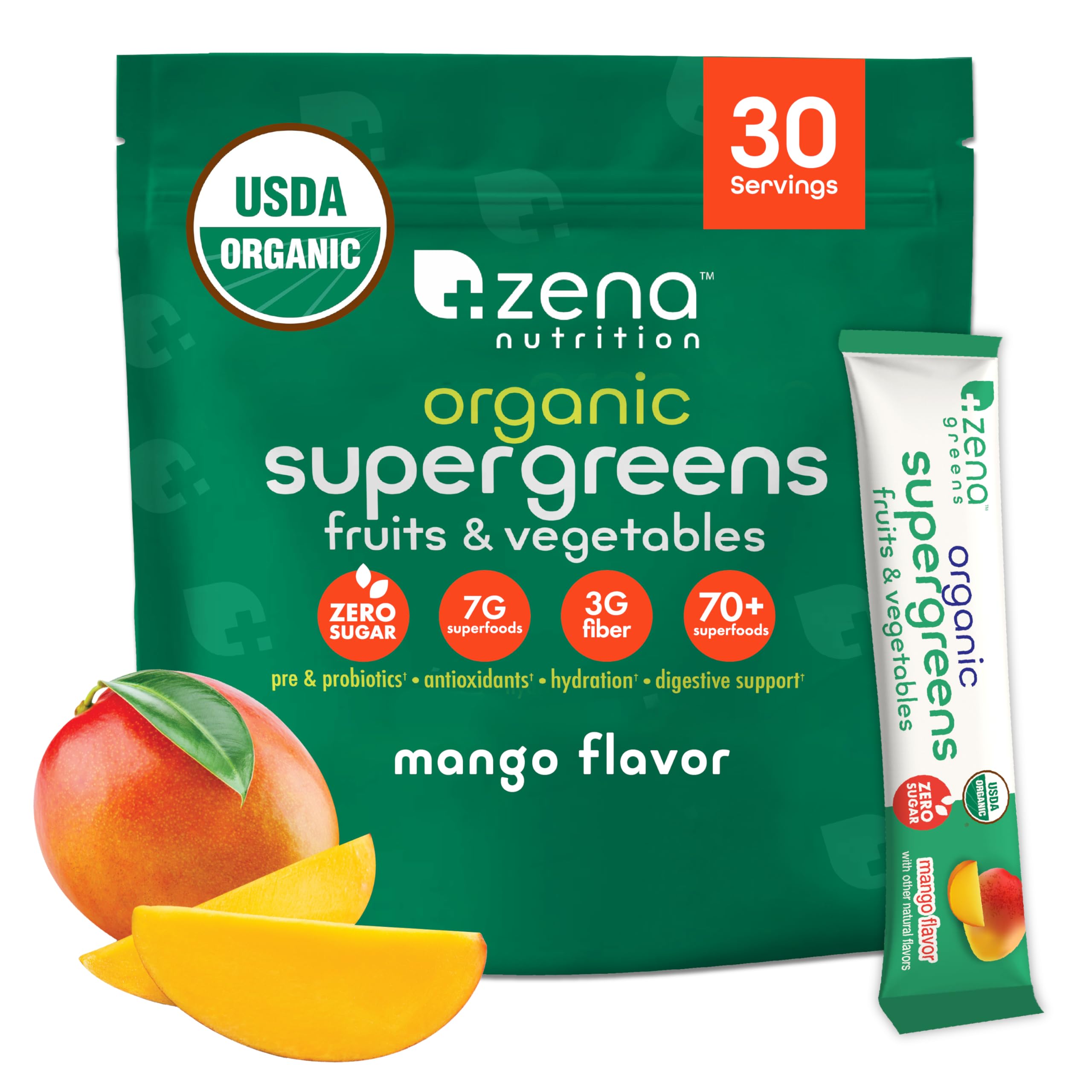 Zena Nutrition mango stick pack for on-the-go greens.