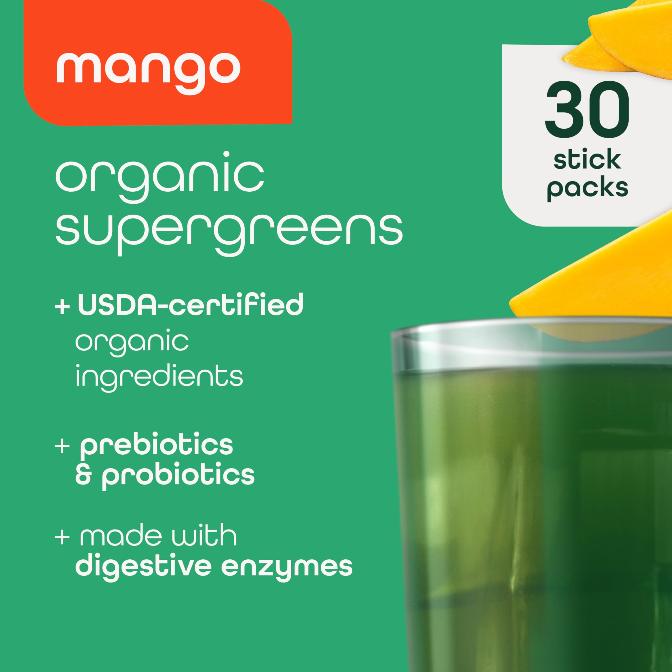 Open tub of Zena greens mango powder ready to mix.
