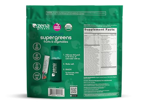 Zena Nutrition Organic Super Greens stick packs ready for on-the-go healthy greens.