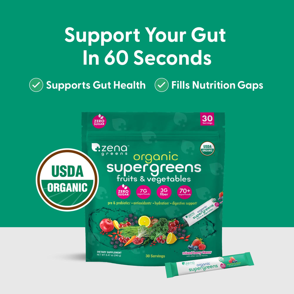 Zena Nutrition stick pack on the go for easy greens anywhere.