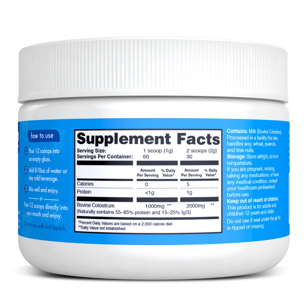 Zena Nutrition colostrum powder ingredients label emphasizing non-GMO and allergen-free.