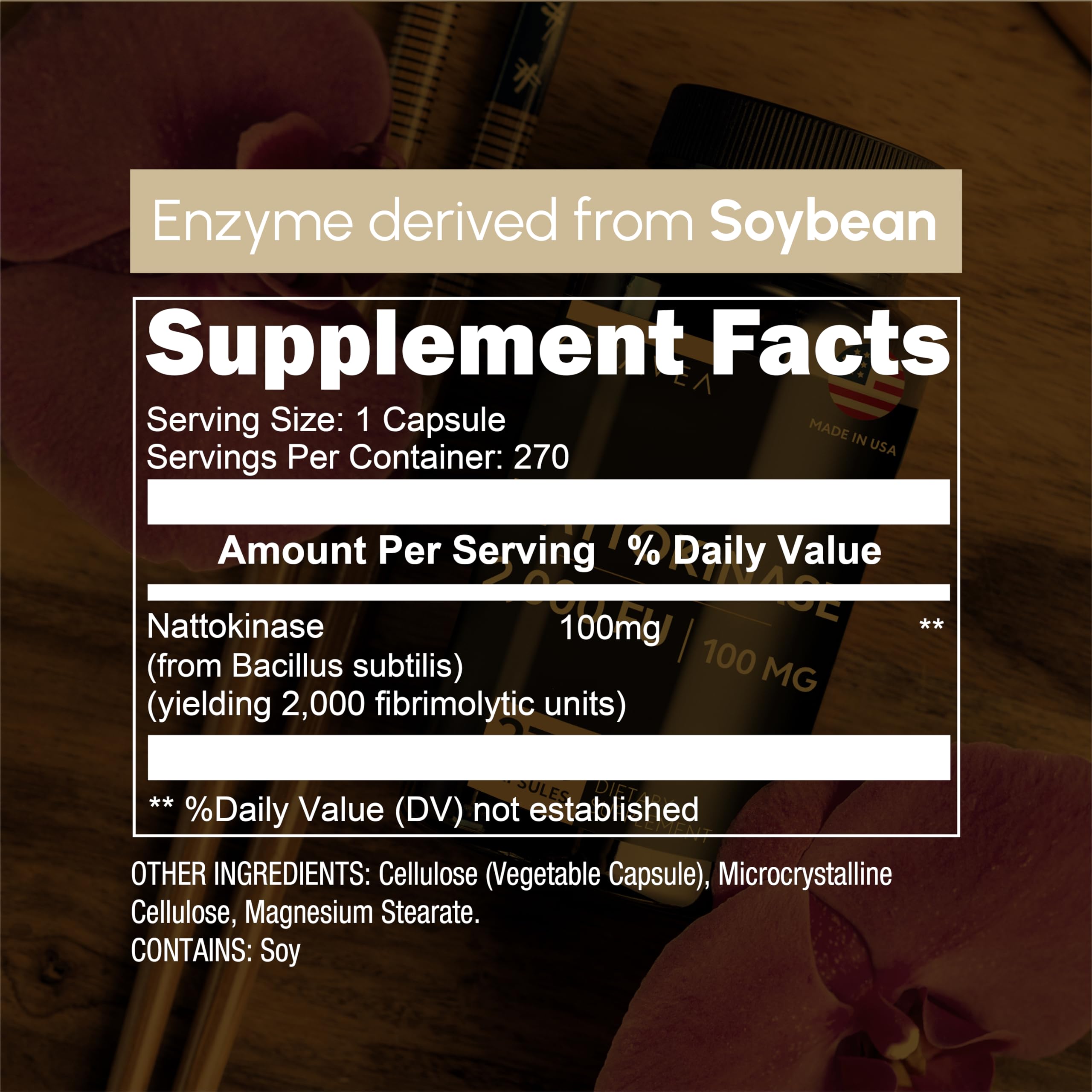 USA-made Zenavea nattokinase bottle front showing quality and 270-capsule supply for convenience.