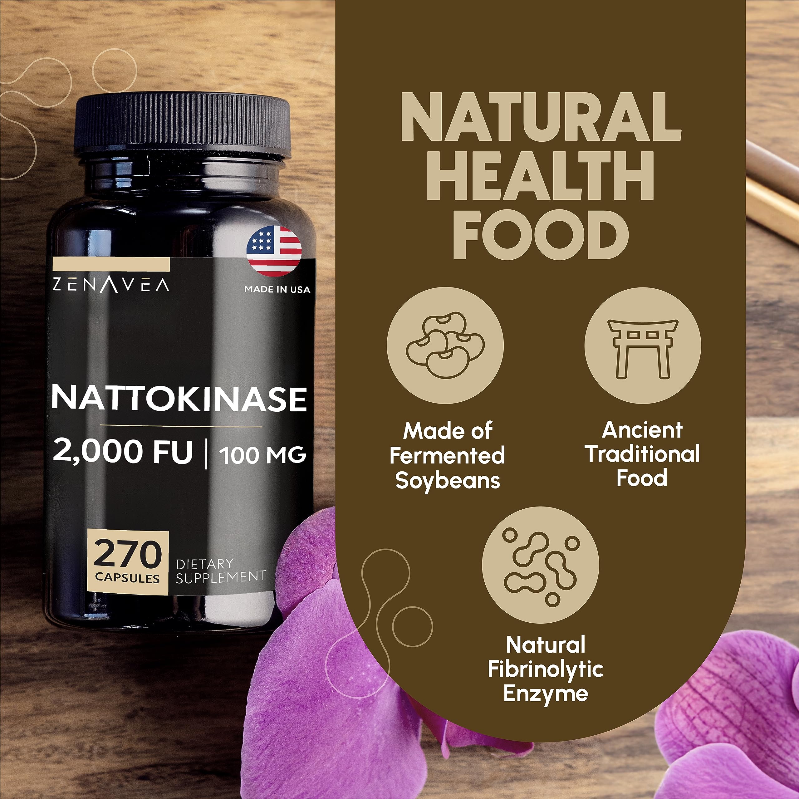 Zenavea nattokinase bottle on shelf underscores GMP-compliant, American manufacturing.