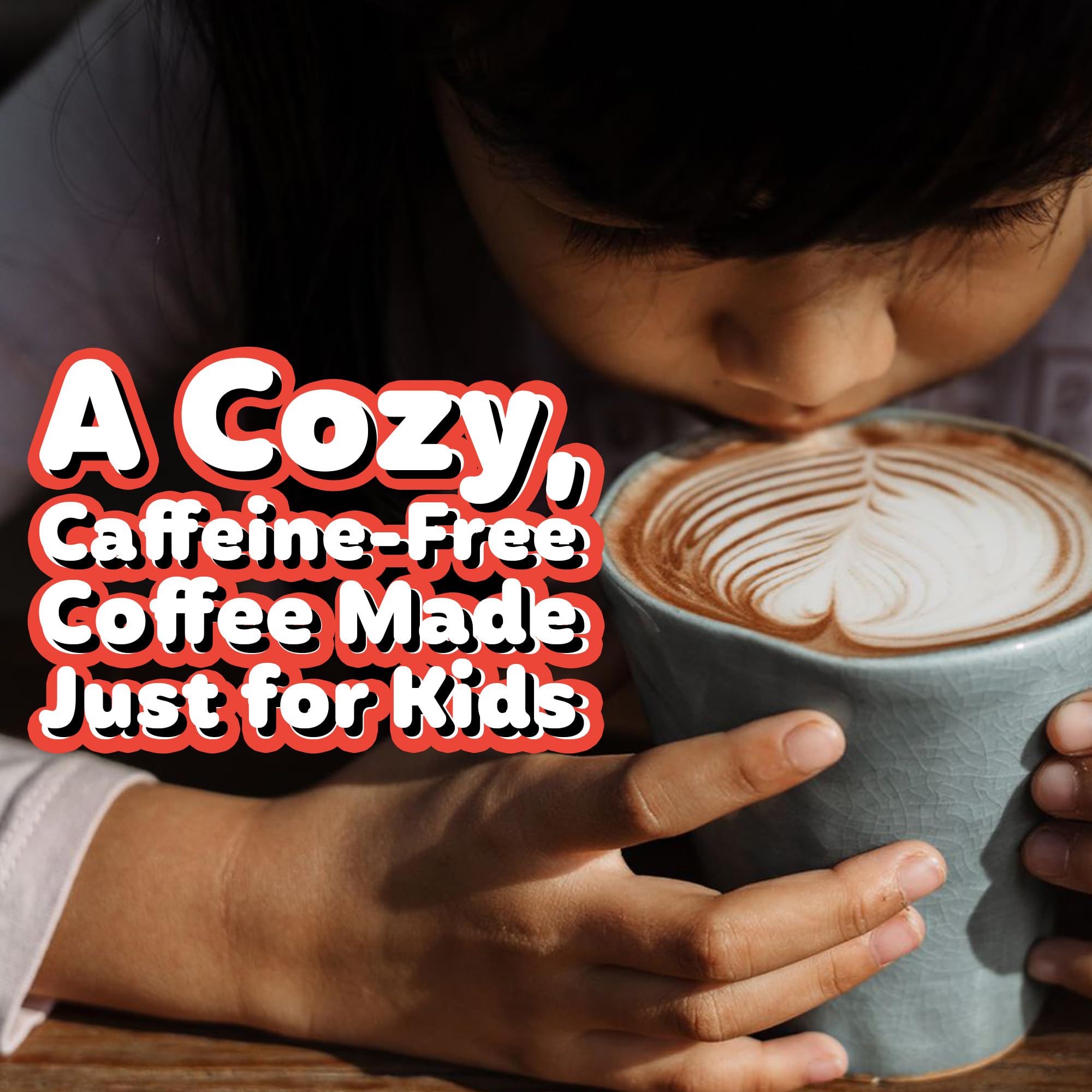 Zenbean Kids Cafe Vanilla Latte child enjoying a warm cup with smooth flavor.