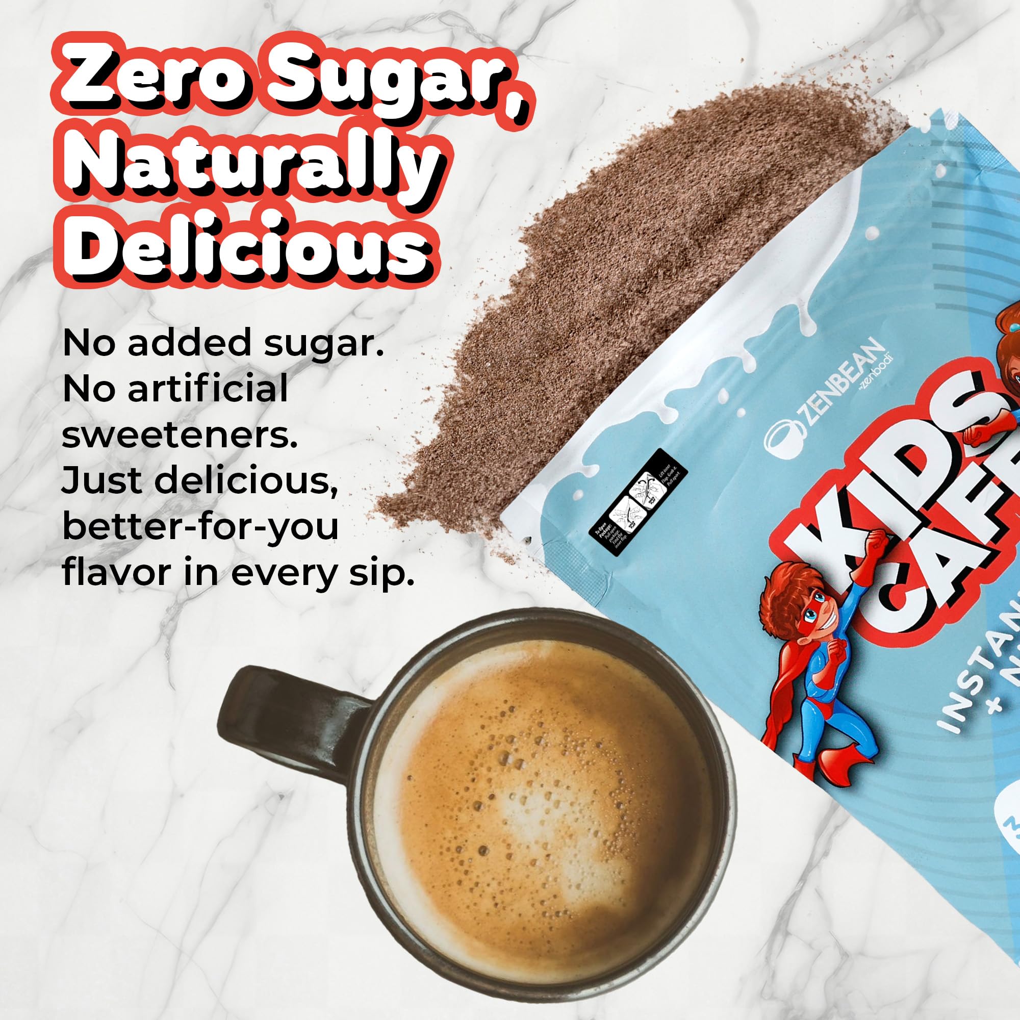 Zenbean Kids Cafe Vanilla Latte mix dissolving in 6 oz milk, easy preparation.