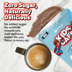 Zenbean Kids Cafe Vanilla Latte mix dissolving in 6 oz milk, easy preparation.