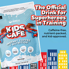 Zenbean Kids Cafe Vanilla Latte serving cup, creamy, caffeine-free treat for mornings.
