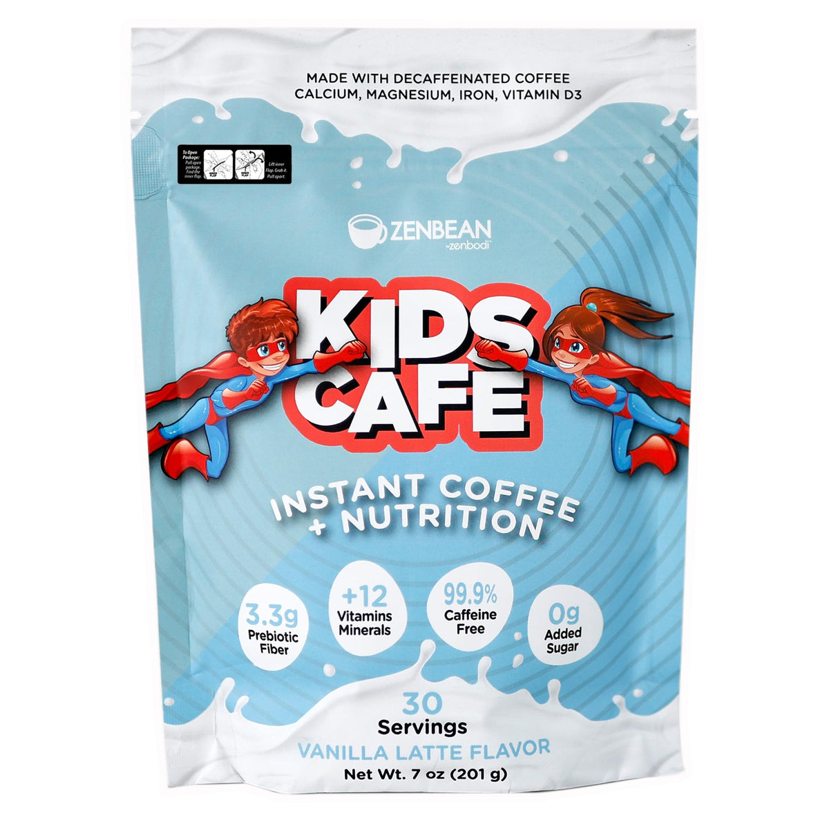 Zenbean Kids Cafe Vanilla Latte tub, kid-friendly breakfast option with no caffeine.