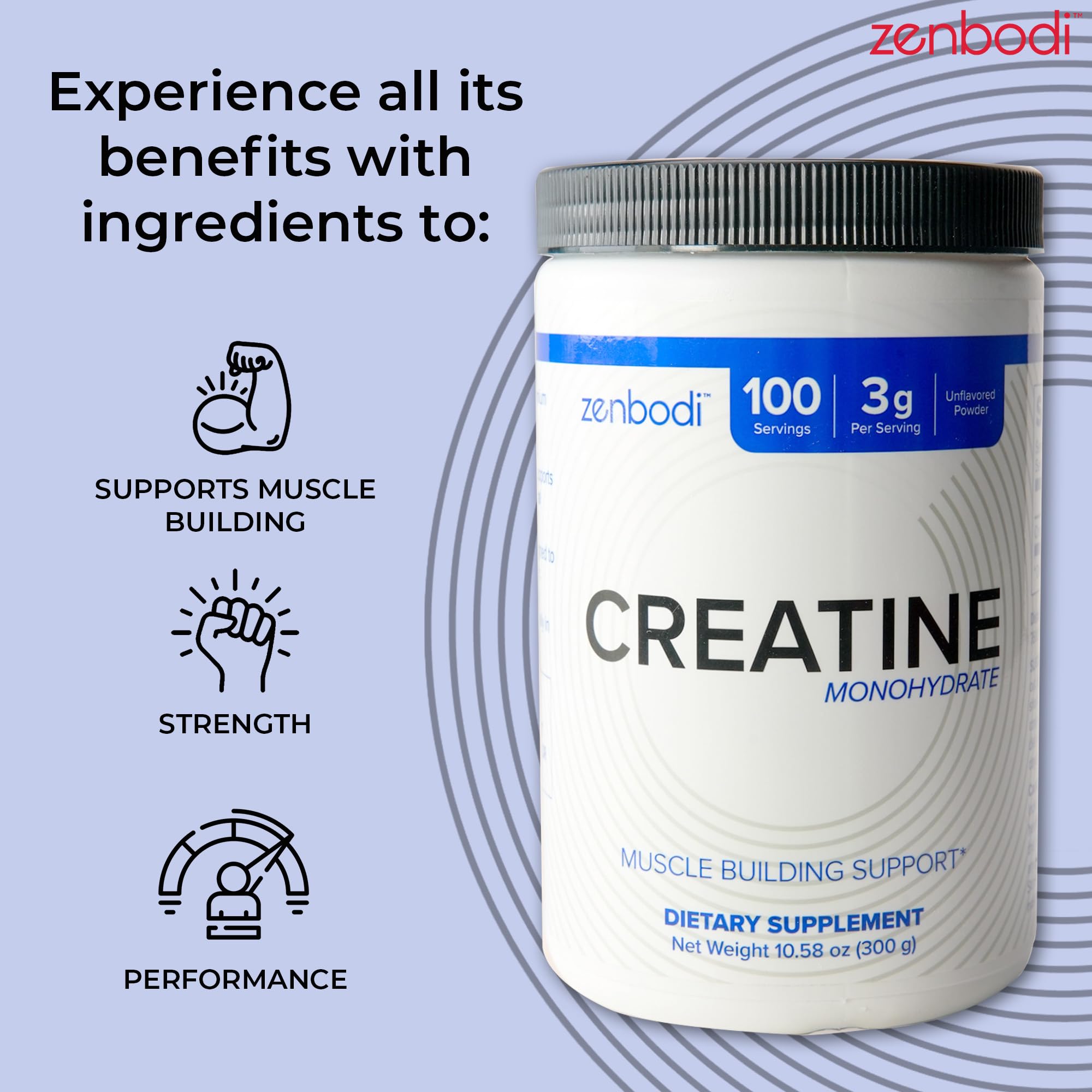 Zenbodi Creatine Monohydrate scoop in water ready for preworkout mix